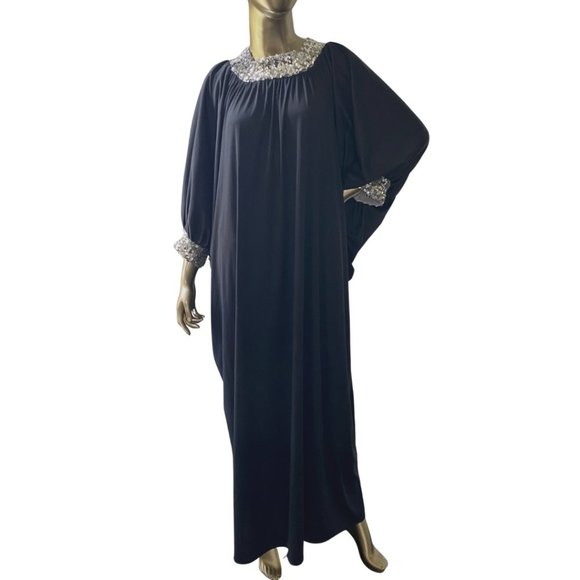Dresses & Skirts - Vintage GLAM 70s Caftan Sequin Trimmed Maxi Dress 1970s Lounge Wear S-M-L